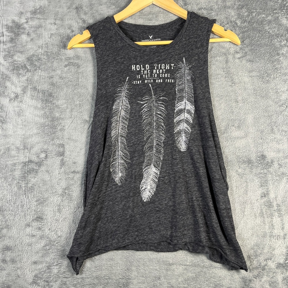 American Eagle Outfitters Tank Top Women Medium Gray Eagle Feather Graphic Print